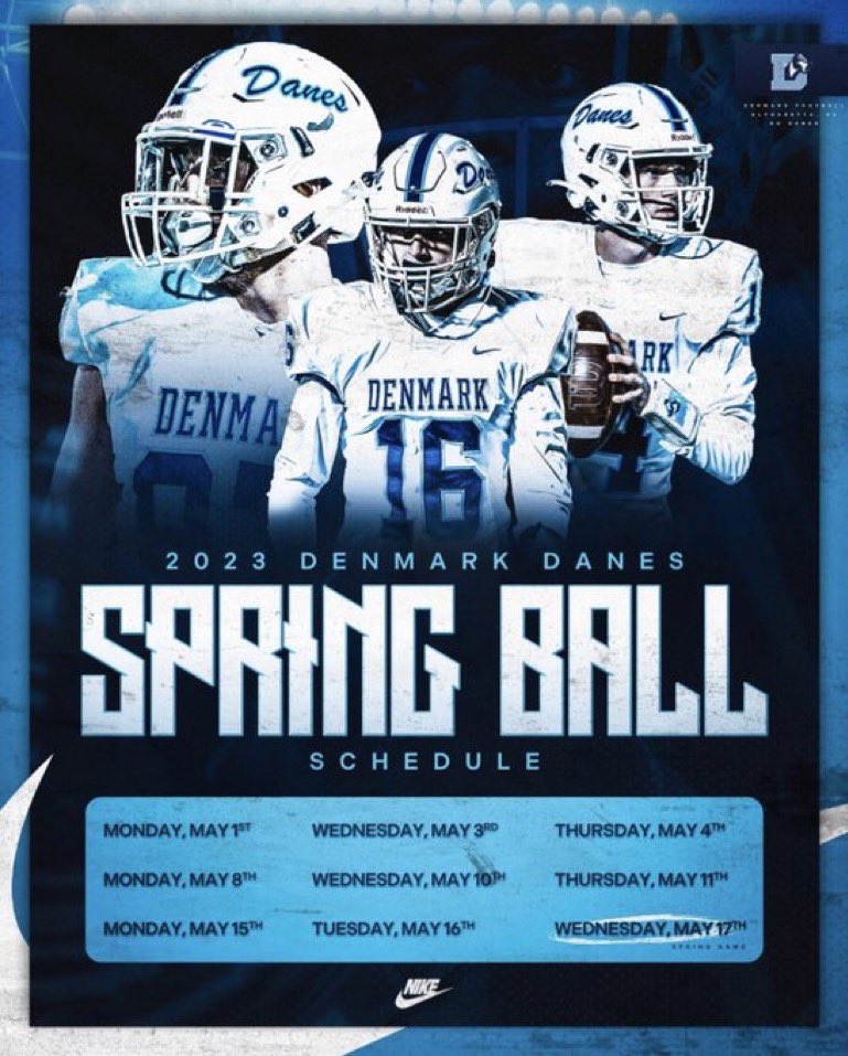 ⏰ Ready to get back to Football with my guys. Coaches, stop by and see us if you’re in the area! All practices are before school except the spring game. @DenmarkDanesFB @CoachCorley_ @jc_coachcoffey @JonesTheCoach_