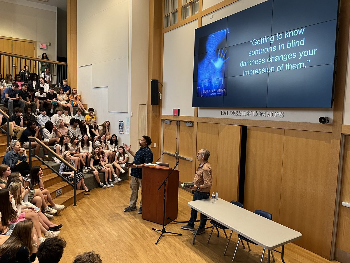 PCMiddle's tweet image. Authors Neal Shusterman and Eric Elfman visit our Middle School to talk about “I Am the Walrus” novel. They shared that no matter if you are a professional writer or student writer, your first draft is never a completed piece of writing. And, they use google docs just like us!