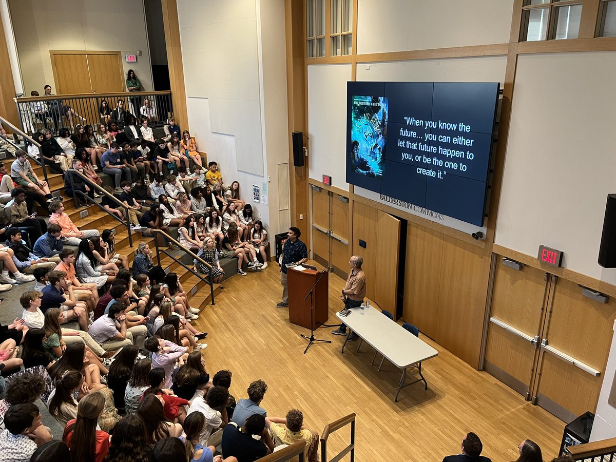 PCMiddle's tweet image. Authors Neal Shusterman and Eric Elfman visit our Middle School to talk about “I Am the Walrus” novel. They shared that no matter if you are a professional writer or student writer, your first draft is never a completed piece of writing. And, they use google docs just like us!