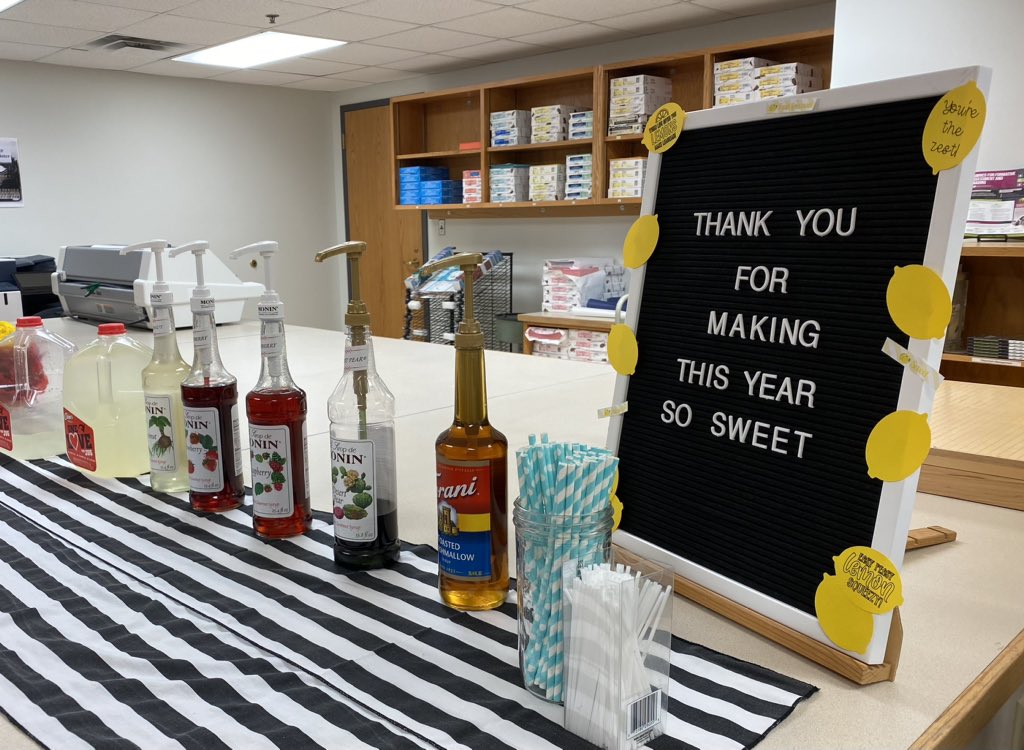 MrsJsLibrary's tweet photo. Celebrating #SchoolLibraryMonth with a lemonade bar for our wonderful staff. You’re the zest! https://t.co/5J86AKSRaV