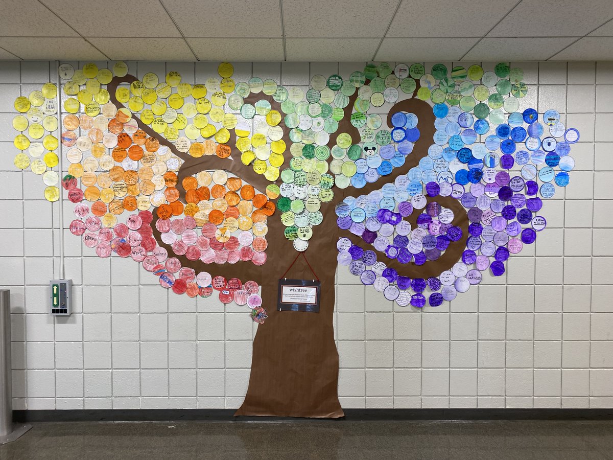 ccsd21field's tweet photo. 5th grade students in Sunshine Club designed the April mural and the school did an amazing job sharing their wishes for our Wishtree inspired by @kaaauthor's book, Wishtree.  It's beauty is not only in the design or the colors but in the heartfelt wishes written by Ss. #21Learns https://t.co/z8KFOpRMry