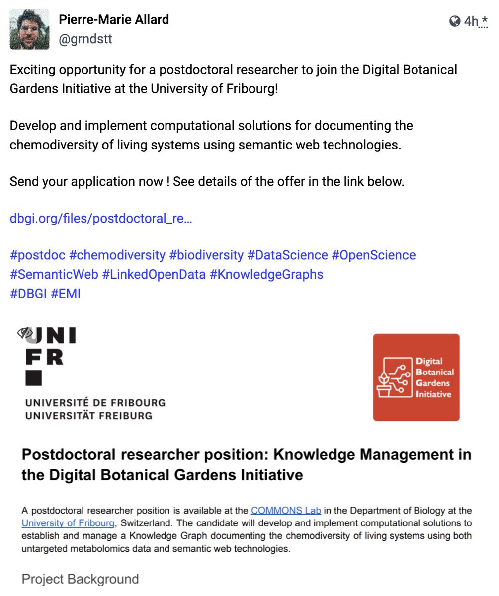 Great postdoc opportunity to join the Digital Botanical Gardens Initiative at the University of Fribourg!
See details of the offer at dbgi.org/files/postdoct…

#postdoc #chemodiversity #biodiversity #OpenScience #LinkedOpenData #KnowledgeGraphs
#DBGI #EMI