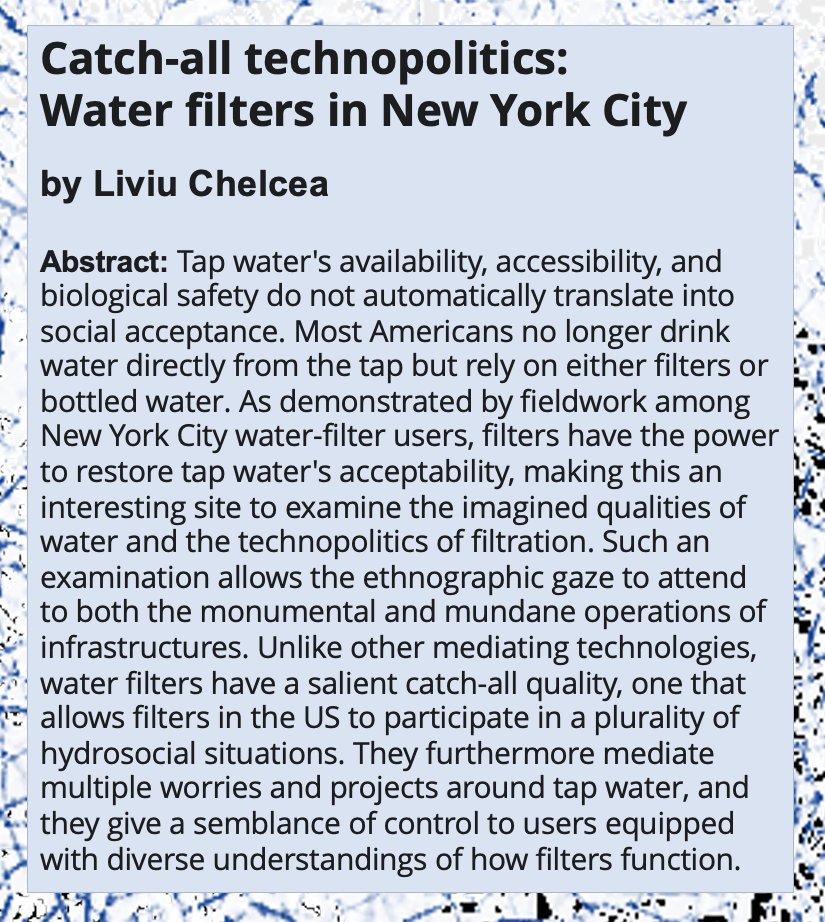 📢📢📢New article alert! 📢📢📢

Catch-all technopolitics: 
Water filters in New York City

by Liviu Chelcea <a href="/LiviuChelcea/">Liviu Chelcea</a> <a href="/UNIBUC/">UNIBUC</a> 

Find it here via Early View⬇️:
anthrosource.onlinelibrary.wiley.com/doi/10.1111/am…
