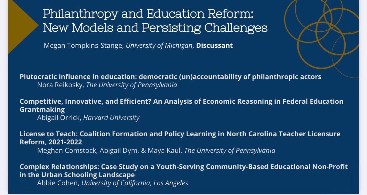 I’m emerging from my year of long CoVID for #AERA2023! Excited to chair this session on next-generation education philanthropy research, featuring rising stars @abigailorrick, @norareikosky, @abigailrosedym, @kaulmemaya, @meghan_com, & Abbie Cohen. Join us Thursday at 4:40pm!