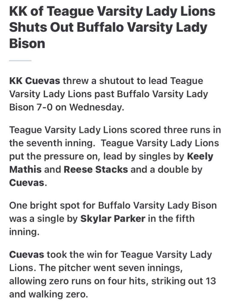 teague_ladylion's tweet photo. Varsity had a slow start last night offensively, but finished with some explosives! 💥💥

@KayleeC2024_29 3-4, 2RBI, HR #14 of the season &amp; threw 13Ks
@ReeseStacks 3-4, 2RBI
@KeelyMathis1 2-4, 1RBI
@DelaineyLong 1-4, 2RBI, in the park HR 
@CateSatterwhite 1-3
@denham_hunt 1-4 https://t.co/jqQeuFkeUD