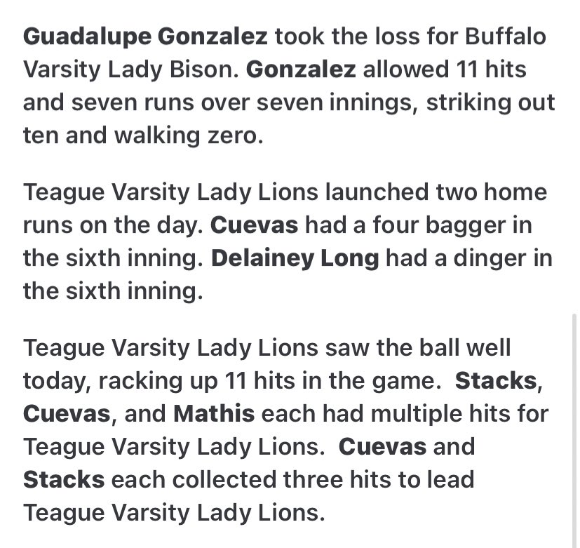 Varsity had a slow start last night offensively, but finished with some explosives! 💥💥

<a href="/KayleeC2024_29/">Kaylee Cuevas</a> 3-4, 2RBI, HR #14 of the season &amp; threw 13Ks
<a href="/ReeseStacks/">Reese Stacks</a> 3-4, 2RBI
<a href="/KeelyMathis1/">Keely Mathis 2024</a> 2-4, 1RBI
<a href="/DelaineyLong/">Delainey Long</a> 1-4, 2RBI, in the park HR 
<a href="/CateSatterwhite/">cate🫧</a> 1-3
<a href="/denham_hunt/">denham</a> 1-4