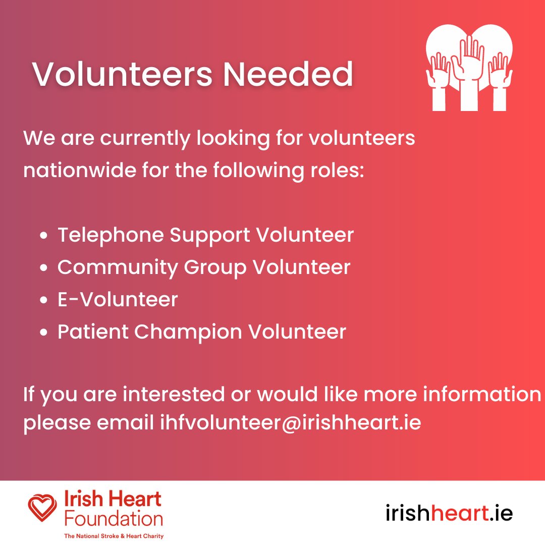 Irish Heart Foundation (@irishheart_ie) on Twitter photo The Irish Heart Foundation are looking for volunteers in the following roles to help support our members. If you are interested, we would love to hear from you! Email ihfvolunteer@irishheart.ie. ❤️ The Irish Heart Foundation are looking for volunteers in the following roles to help support our members. If you are interested, we would love to hear from you! Email ihfvolunteer@irishheart.ie. ❤️