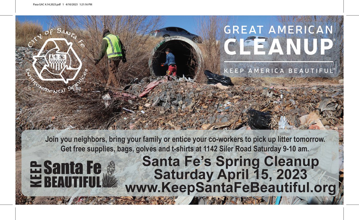 sfpl's tweet photo. Get supplies Wednesday 9:00-6:00 at 1142 Siler Road. Pick up litter on Saturday morning. Enjoy a clean and beautiful Santa Fe. Do your part to Keep Santa Fe Beautiful! More info at https://t.co/Kn15NEb7ly https://t.co/61XW7BuH7o