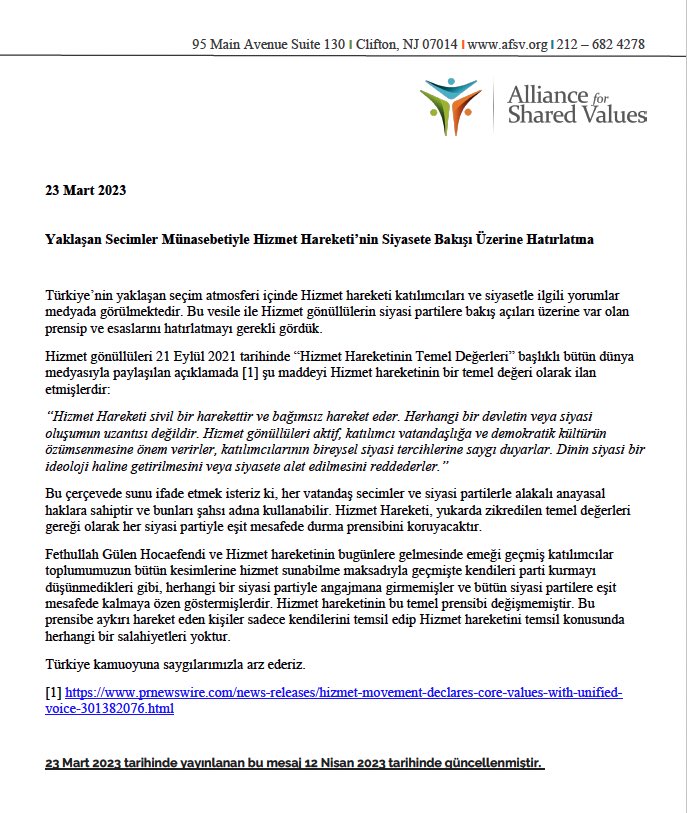 Yaklaşan Seçimler Münasebetiyle Hizmet Hareketi’nin Siyasete Bakışı Üzerine Hatırlatma: afsv.org/yaklasan-secim…