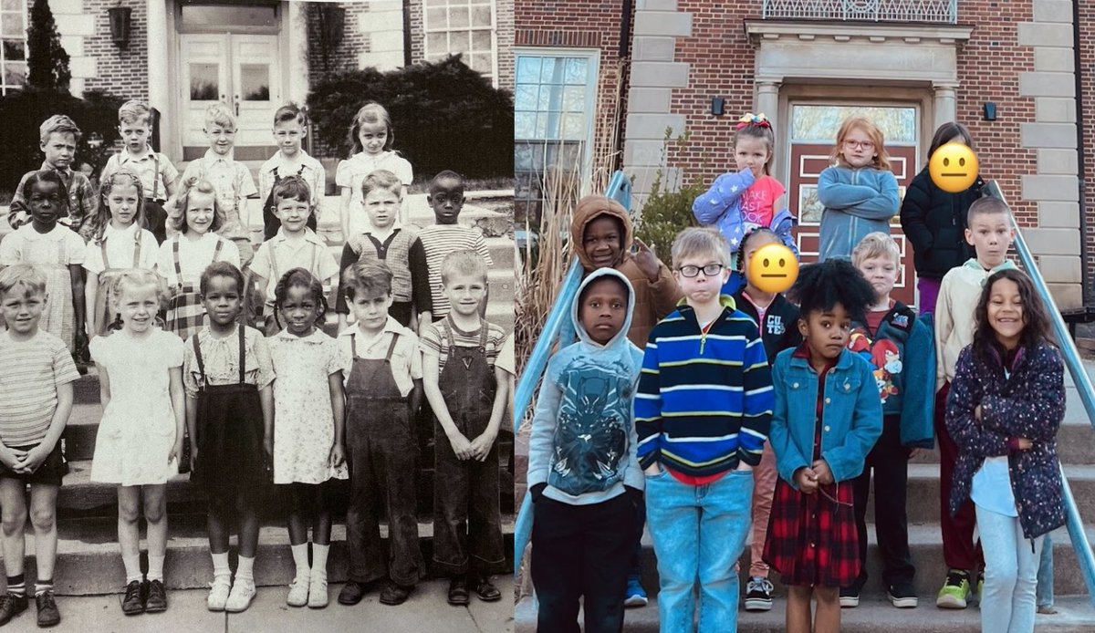 Our kindergarten PBL project aims to analyze how Sayler Park School has changed over time. Ss wanted to recreate this picture from 1946. We noticed that kids did not smile much in pictures long ago! 📸 <a href="/saylerparkjags/">Sayler Park School</a> <a href="/IamCPS/">I Am CPS</a>