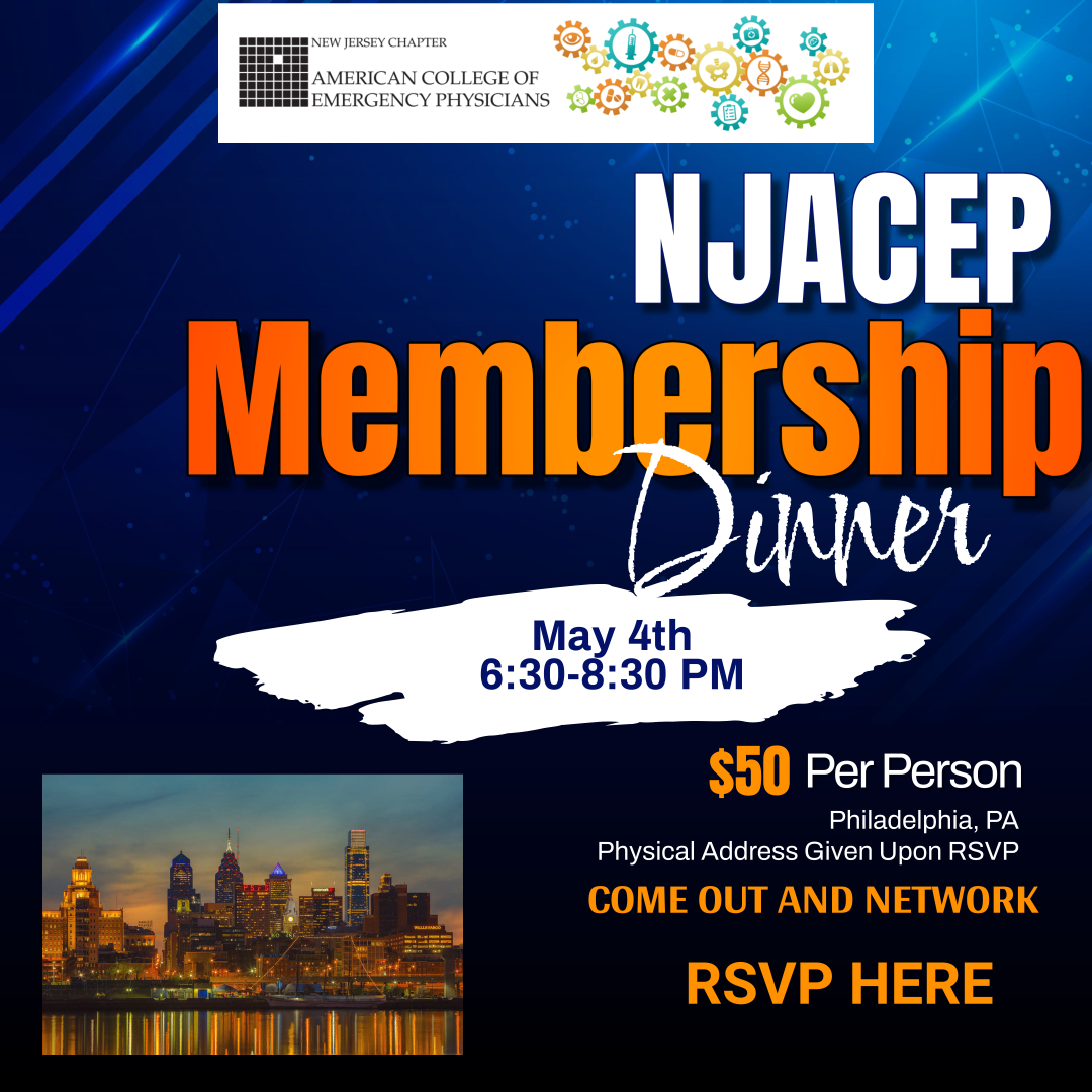 NJ-ACEP (@njacep) on Twitter photo Great News!
There is still time to R.S.V.P. for the New Jersey ACEP Chapter Membership Dinner on May, 4, 2023. 
FREE admission for Medical Students & Residents! You do not want to miss this opportunity. 
Register today at: eventbrite.com/e/546468831987
#NJACEP #emergencymedicine Great News!
There is still time to R.S.V.P. for the New Jersey ACEP Chapter Membership Dinner on May, 4, 2023. 
FREE admission for Medical Students & Residents! You do not want to miss this opportunity. 
Register today at: eventbrite.com/e/546468831987
#NJACEP #emergencymedicine