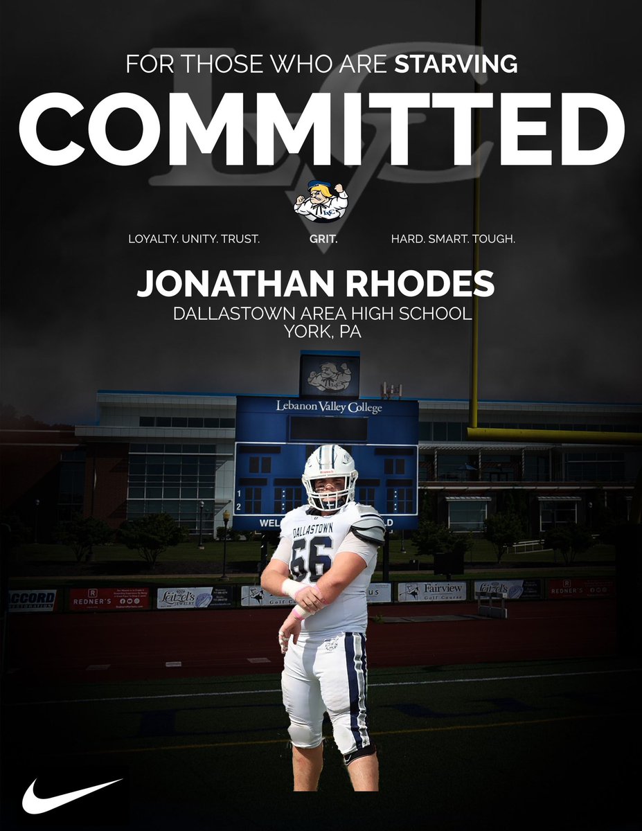 jonrhodes66's tweet photo. Excited to announce my commitment to Lebanon Valley College for my next 4 years! Thank you to my coaches and family for the support. Go Dutchmen! @DTown_Football @LVCFootball @DtownWildcats https://t.co/49OaJTnVuU