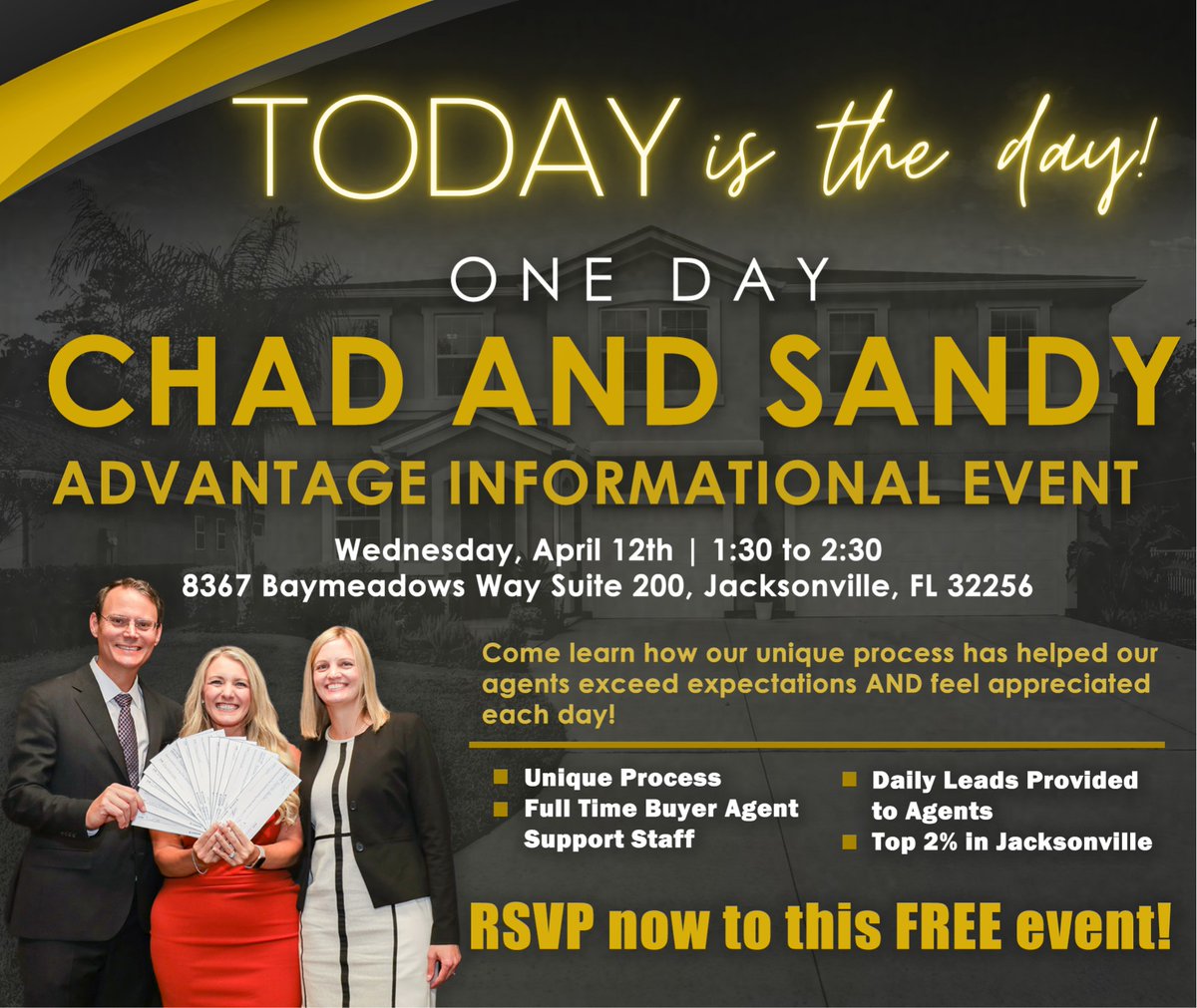 WE are HIRING ! ! TODAY is the Day! #Realtor #RealEstate #BuyerSpecialists #ChadandSandy #CSREG #Jacksonville #BestAgents #JobSearch #RealtorJobs #RealEstateJobs #Recruiting #Hiring #HotJob #HiringNow #JobSearch #Happy #ApplyNow #ListingAgents