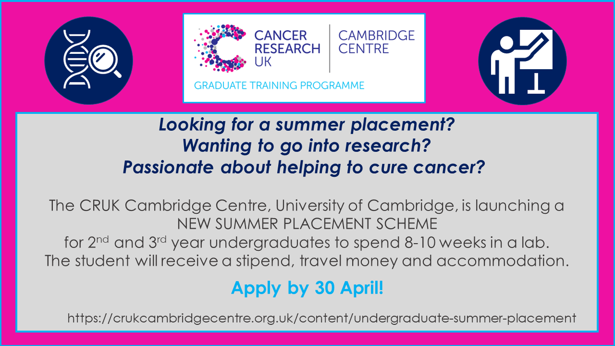 Are you a 2nd or 3rd year #STEM undergraduate passionate about #CancerResearch looking for a summer placement? 

We're offering 8-10 weeks of amazing lab experience with stipend, travel and accommodation included!

Apply by 30 April 👇crukcambridgecentre.org.uk/content/underg…… 

#SummerPlacement