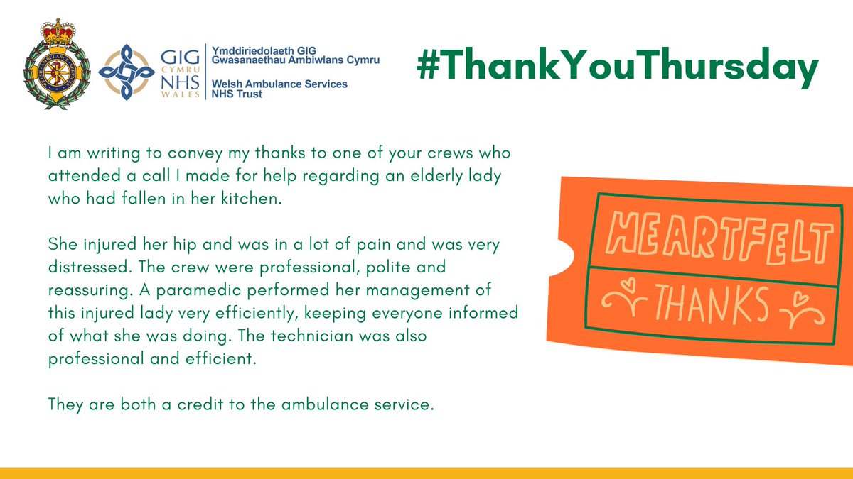 WelshAmbPECI's tweet photo. Thanks are shared today for a crew @WelshAmbulance who assisted an elderly patient after a fall. The crew were thanked for their professionalism, management of the patient and communication to everyone at the incident. 

#ThankYouThursday #TeamWAST #FallsResponse https://t.co/VGvdSmdgxx