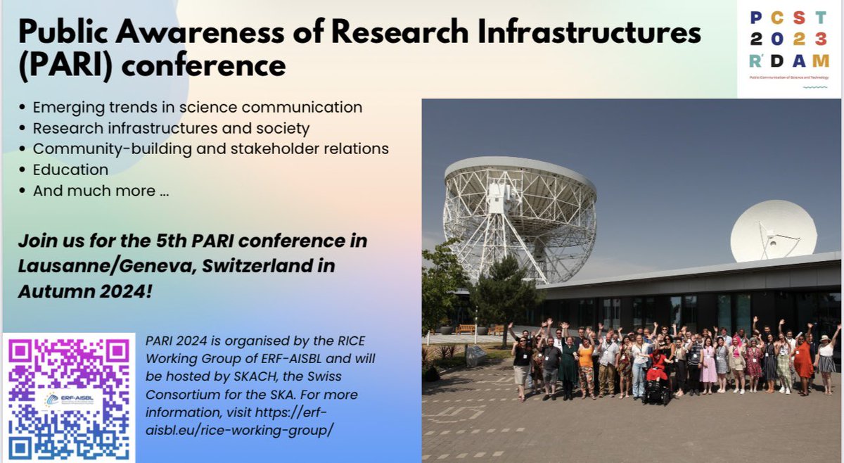 At #PCST2023 with a great look at how research facilities connect with society with colleagues from CERN, EMBL, SARAO &amp; ASTRON sharing their experiences, and a plug for next year’s #PARI24 conference to be hosted in 🇨🇭 by <a href="/ska_switzerland/">SKA Switzerland</a>, where we’ll discuss this and much more!