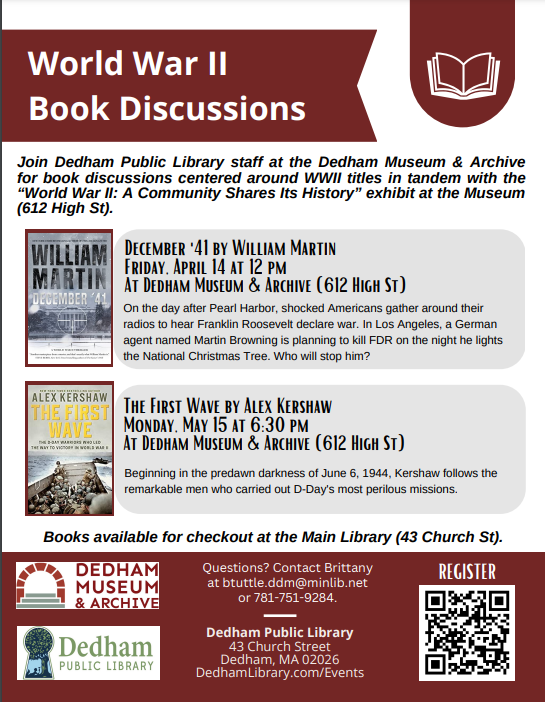 Book Discussion, "December '41," this Friday at noon at #dedhammuseum, 612 High Street! Details in the flyer