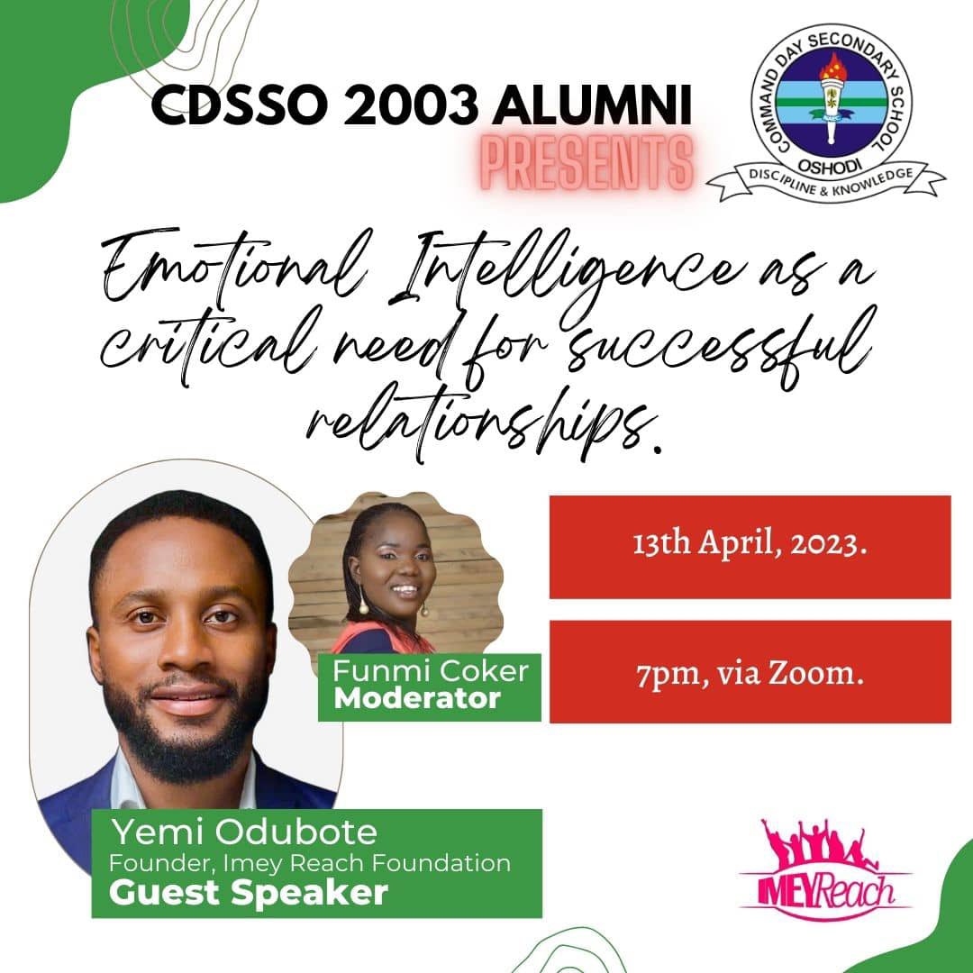 We are emotional being. Understanding our emotions and that of others is key to building a successful relationship.
It will be an exciting conversation with CDSSO 2003 Alumni tomorrow. To be a part, please send us a DM to get the link to the session

#Imeyreach #MentalEmpowerment