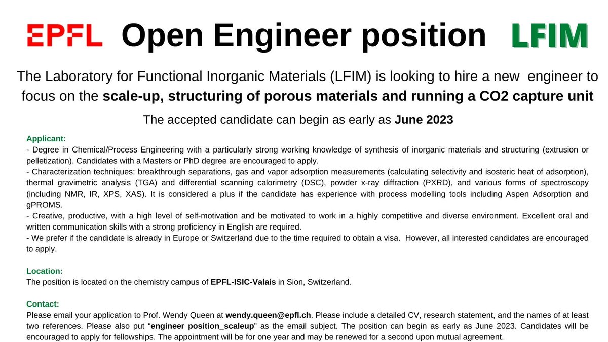 📣 Open Engineer position at LFIM Are you interested in the scale-up synthesis of porous adsorbents for CO2 capture and testing them under relevant conditions? Apply now to join a motivated team to fight #climatechange♻️ RT appreciated🙏 epfl.ch/labs/lfim/open… @EPFL_CHEM_Tweet