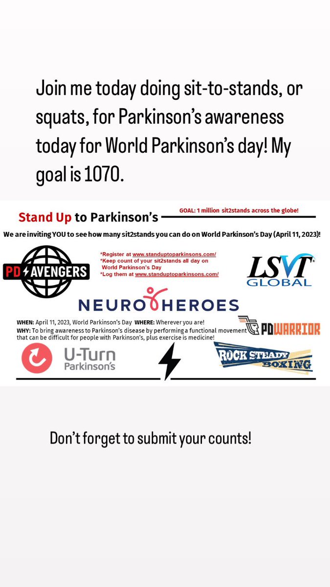 KristiLamonica's tweet photo. I met my goal yesterday of 1,070 squats! We are so close to our goal - did you remember to log your squats yesterday? https://t.co/g4WVRJSr4m #sit2stand #standup2pd https://t.co/BWX76bMJpi