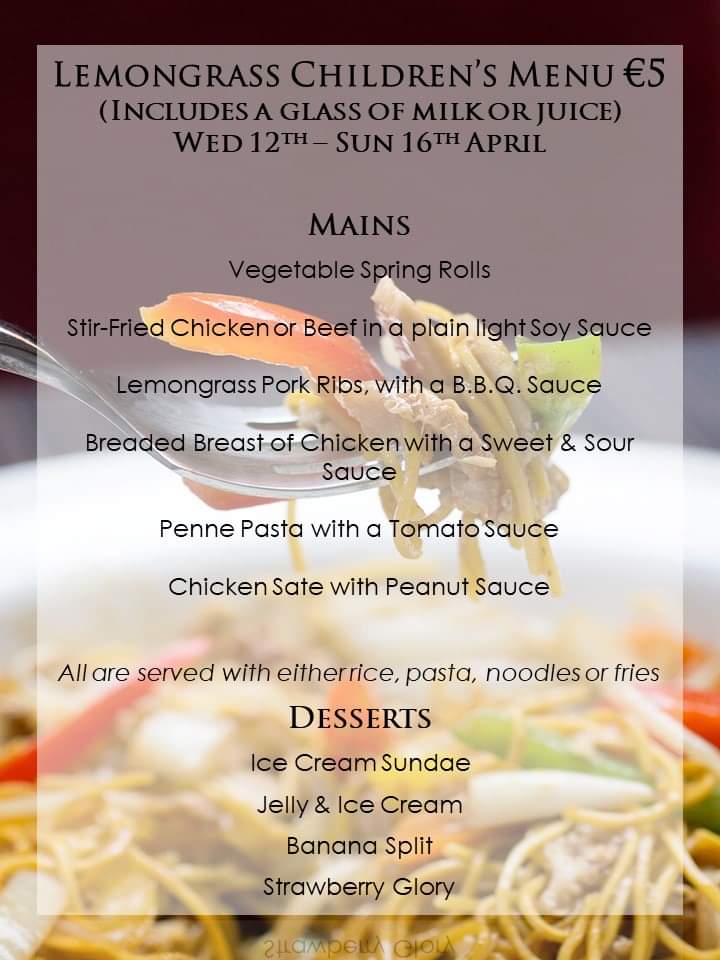 Competition Time - Our Children's Menu will be €5 until Sunday 😍 
To be in with a chance of winning a €50 voucher for Lemongrass follow and retweet.
You can book here lemongrass.ie
#Lemongrass #Carlow #Clonmel #Kilkenny #AsianCuisine #healthyoption #childrensmenu