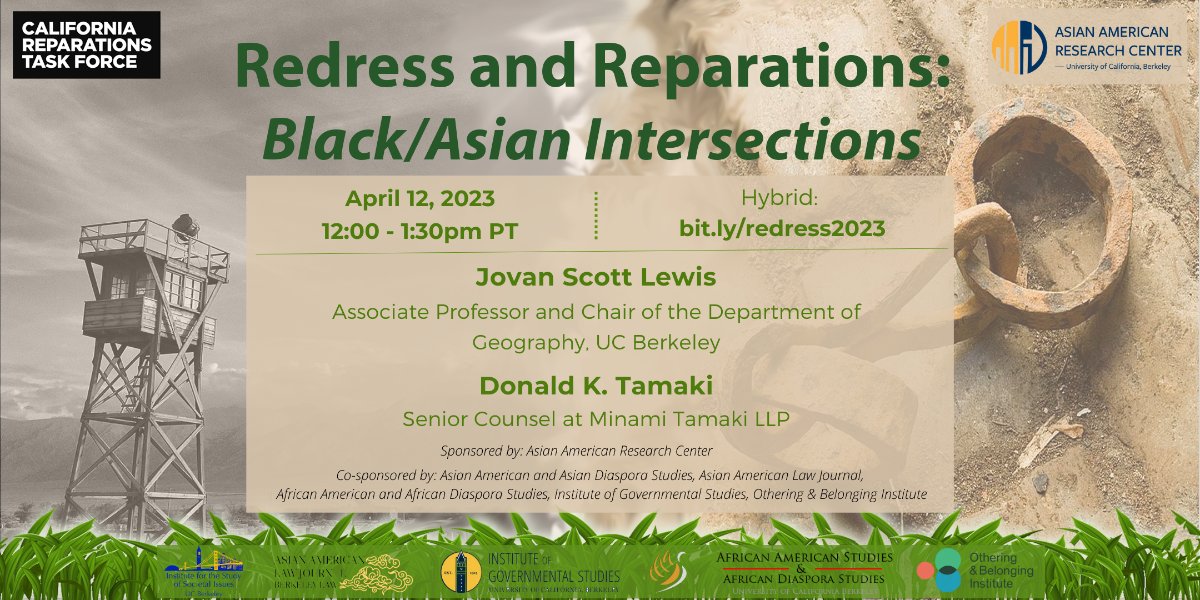 UCBerkeleyISSI's tweet image. today! Hybrid: Weds, Apr. 12 @ noon PT - "Redress and Reparations: Black/Asian Intersections" with Jovan Lewis and Don Tamaki @BerkeleyAfroAm @EthnicUc @BerkeleyIGS @cjecofficial #CaliforniaReparationsTaskForce  - mailchi.mp/berkeley.edu/h…