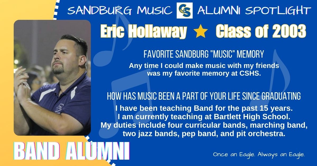 CSHS Music Boosters (@csmusicboosters) on Twitter photo Alumni Spotlight: During his time at Sandburg Eric particpated in curricular band, marching band, jazz band, pep band, and pit orchestra.
<a href="/SandburgHS/">Carl Sandburg H.S.</a> <a href="/CSEngMusEL/">English, Music, EL, and Media Center @SandburgHS</a> <a href="/SandburgBands/">Sandburg Bands</a>
#onceaneaglealwaysaneagle #AlumniSpotlight #musiclifestyle #music #EaglePride Alumni Spotlight: During his time at Sandburg Eric particpated in curricular band, marching band, jazz band, pep band, and pit orchestra.
<a href="/SandburgHS/">Carl Sandburg H.S.</a> <a href="/CSEngMusEL/">English, Music, EL, and Media Center @SandburgHS</a> <a href="/SandburgBands/">Sandburg Bands</a>
#onceaneaglealwaysaneagle #AlumniSpotlight #musiclifestyle #music #EaglePride