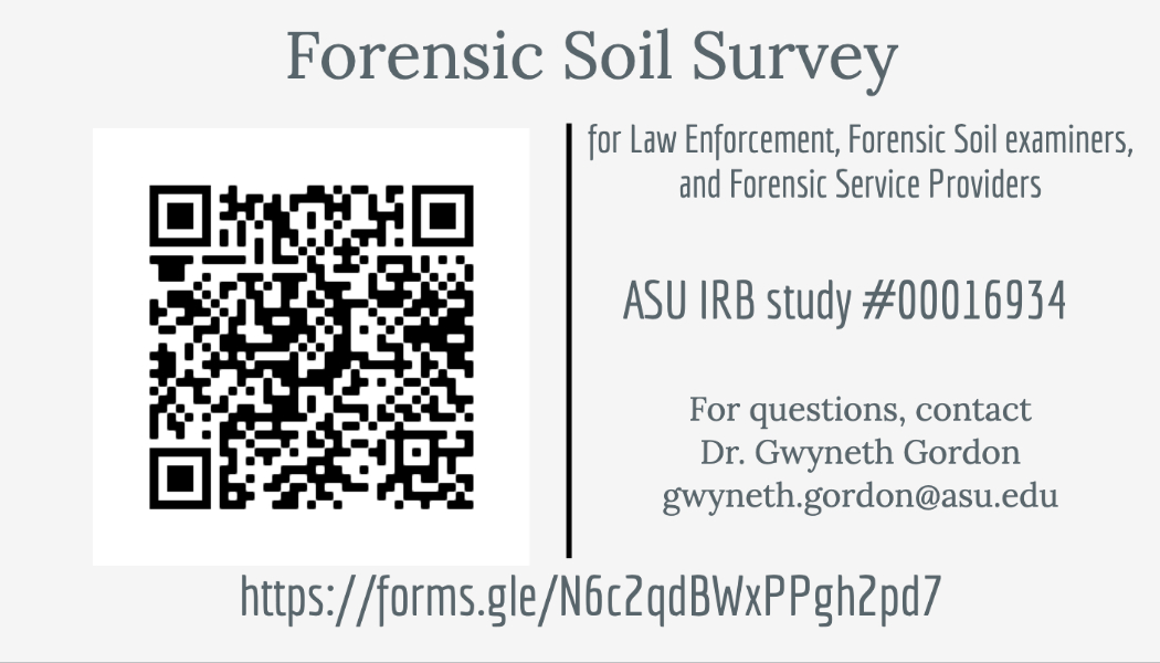 gwynnotpaltrow's tweet photo. Are you in law enforcement, are you a forensic soil analyst, or a forensic service provider?  Share experiences &amp; thoughts about forensic soil or geological materials evidence. https://t.co/w9liSQcTmr
@Freeforensicmm @SeranneA @csidds @ASU @ASUPolice @ASUResearch @ASUForensics https://t.co/BEUCmmc8FQ