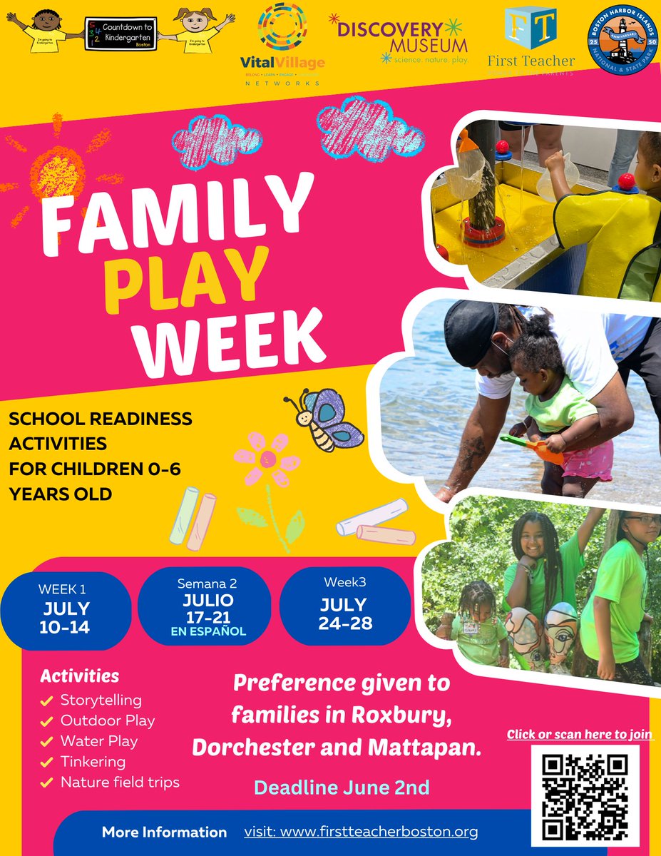 FirstTeacherBos's tweet photo. Get ready to make this summer unforgettable! Join us for an exciting lineup of events, activities, and learning opportunities to inspire and energize you! Enroll now for Family Play Week and let the adventure begin! โ๏ธ๐๐
#PowertotheParents #FamilyPlayWeek #WeekOfFun https://t.co/qTMHZL4VnG