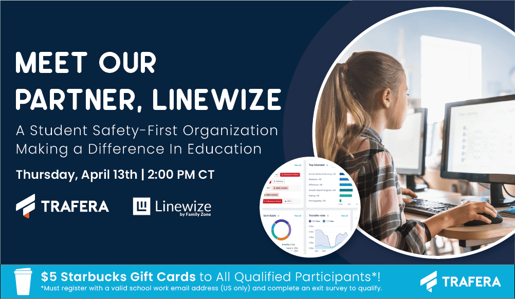 TraferaOfficial's tweet photo. 📆 TOMORROW: Don't miss out on a Coffee &amp; Convo with our partner @linewize to discuss #StudentSafety, #StudentWellness, and more!

🎁☕ Learn how their suite of solutions can help you safeguard #K12 students + receive a Starbucks gift card for attending*: https://t.co/ufJethwbz1 https://t.co/unimXJC5fG