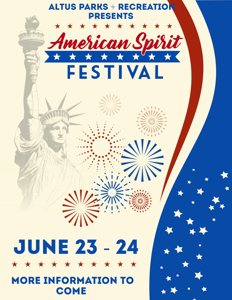 Altus Parks + Recreation is proud to announce the dates for the 2023 American Spirit Festival on June 23th and 24th.  We have so much planned for this exciting event.  Stay tuned for more info coming soon!!!!