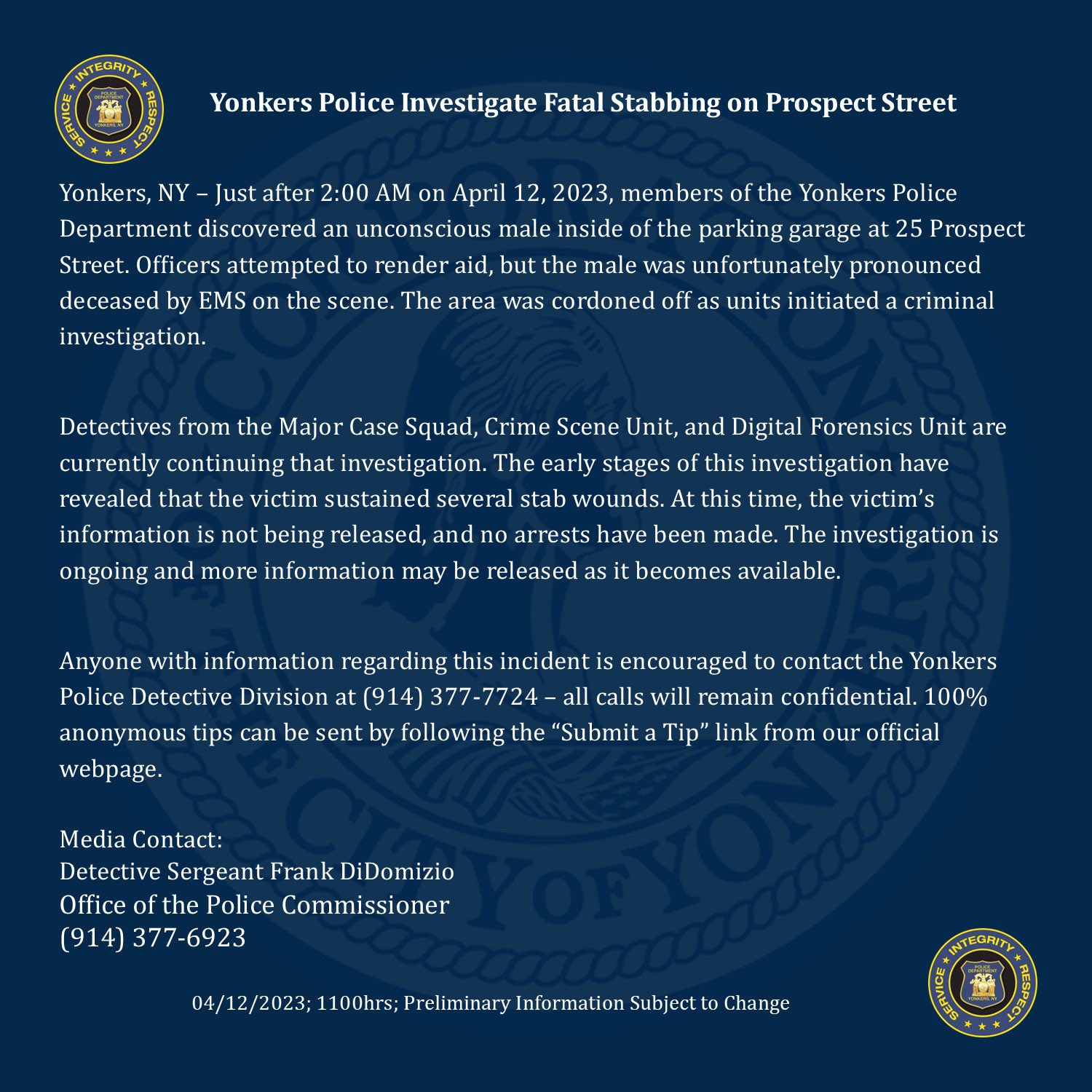 Yonkers Police HQ on X: Yonkers Police Investigate Fatal Stabbing on  Prospect Street Anyone with information regarding this incident is  encouraged to contact the Yonkers Police Detective Division at (914)  377-7724. 100%