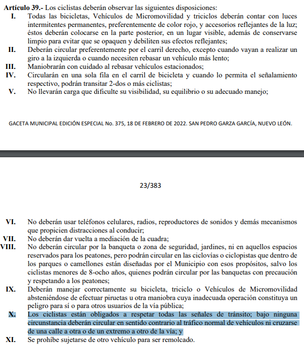 MtyFollow's tweet photo. no atendió las indicaciones del agente.
Sección 4, art 39-X que dice: 
"X. Los ciclistas están obligados a respetar todas las señales de tránsito; bajo ninguna circunstancia deberán circular en sentido contrario al tráfico normal de vehículos ni cruzarse de una calle a otra o de un extremo a otro de la vía; y"