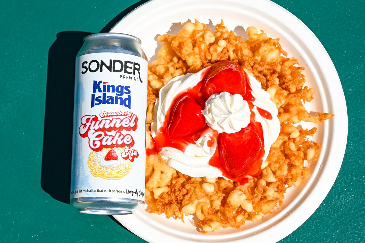 SonderBrewing's tweet image. We love collaborating with our neighbors at @KingsIslandPR! 

This year we worked together to create an incredible dessert beer, Strawberry Funnel Cake Ale. The perfect summer treat, this beer is light bodied but loaded with flavors of strawberry and fresh dough. It takes you…