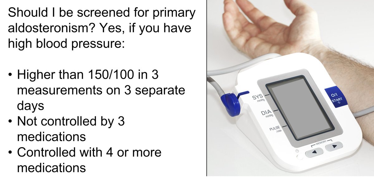Patients w/ difficult to control high blood pressure, particularly those age <40 or low potassium levels, should be screened for primary aldosteronism w/ a blood test that measures if you have too much of this hormone.

<a href="/NADF_Adrenal/">The National Adrenal Diseases Foundation</a> <a href="/TheAACE/">AACE</a> <a href="/TheEndoSociety/">Endocrine Society</a>