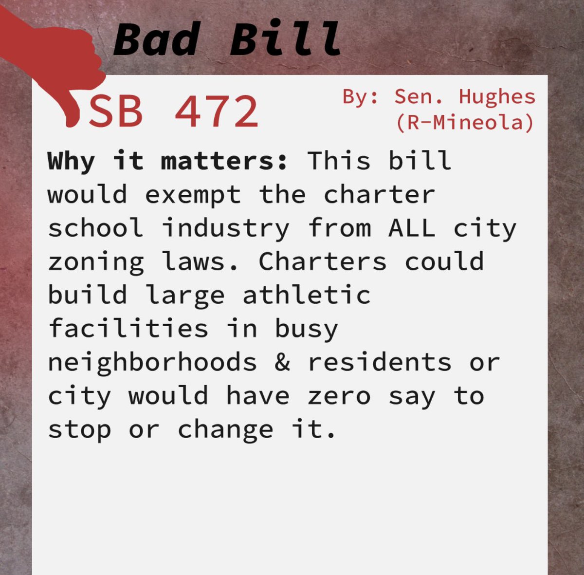 TexasAFT's tweet photo. 🚨BAD BILL ALERT🚨#SB472 would exempt the charter school industry from ALL city zoning laws. Charters could build large athletic facilities in busy neighborhoods & residents or city would have zero say to stop/change it. #txlege #txed #txcharters #AnotherDayAnotherCharterScandal https://t.co/gx85e2WP3M