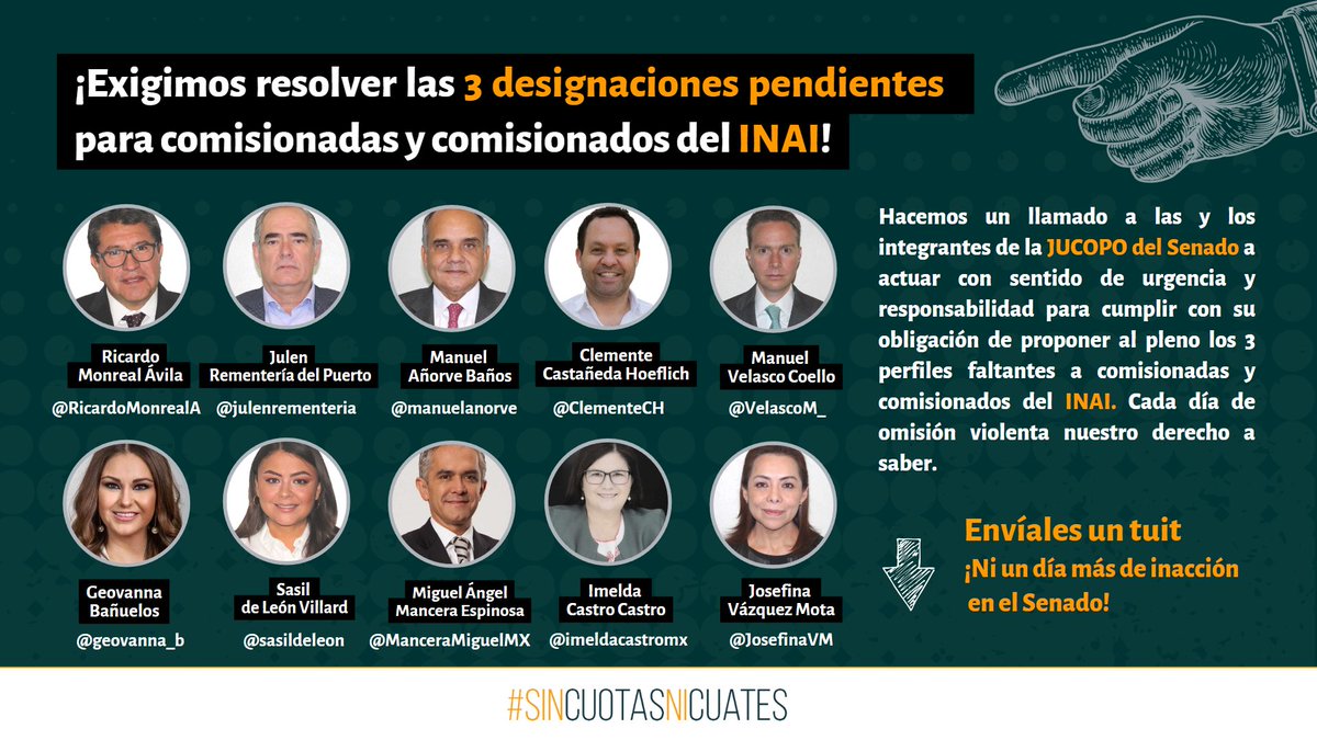 #DesignacionesINAI | 🚨 Hoy se cumplen 1⃣2⃣ días sin que el <a href="/INAImexico/">INAI</a> pueda sesionar legalmente y nuestro derecho a saber esté vulnerado. Súmate a la exigencia para que el <a href="/senadomexicano/">Senado de México</a> resuelva ya las 3⃣ designaciones pendientes. 

¡No más retrasos!👇🏾 
#SinCuotasNiCuates