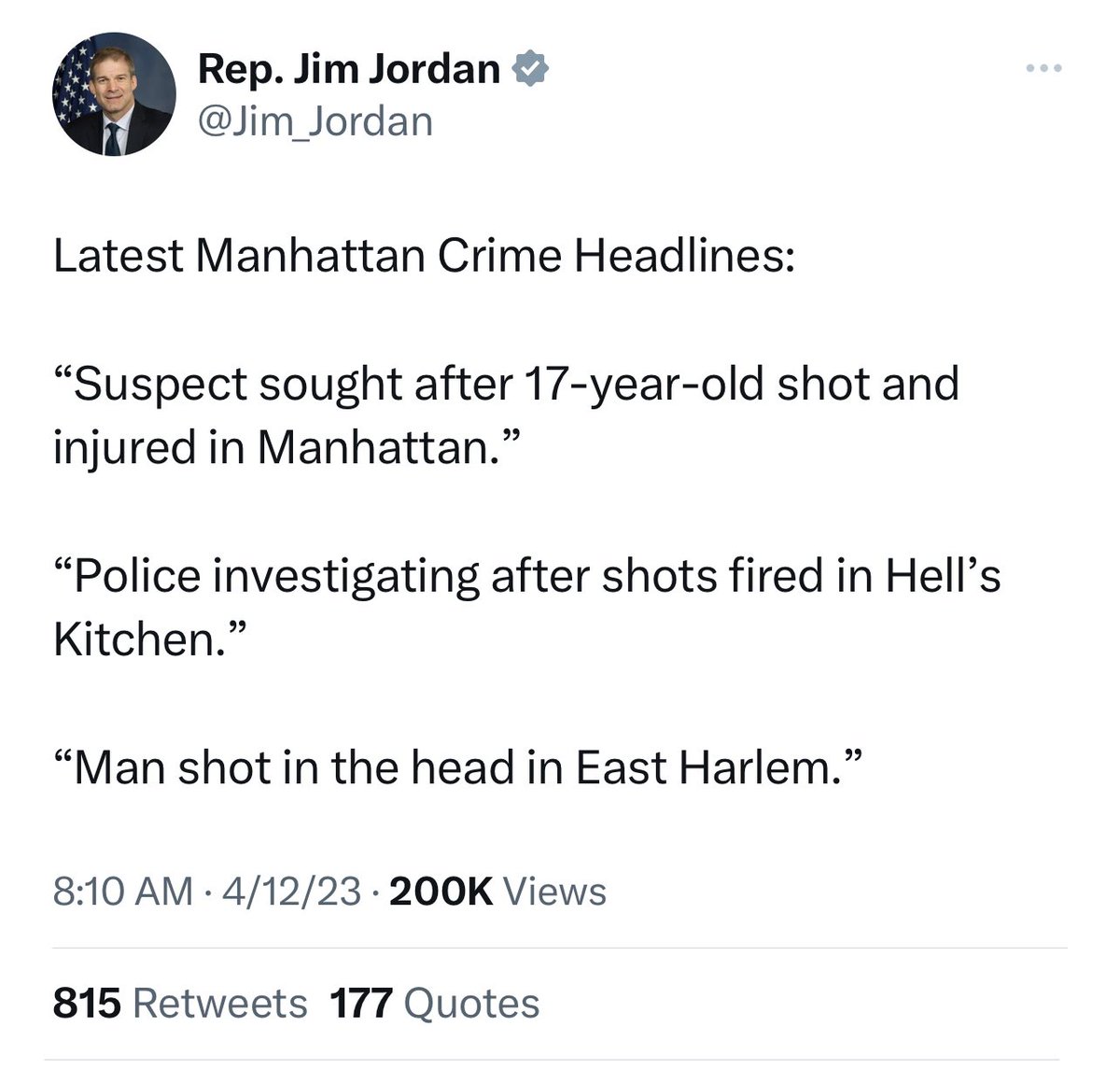 - @Jim_Jordan let’s talk numbers… 11,745 Americans have died at the hand of a gun and it’s only April, 481 of them were children and teens. This country that includes Ohio is on mass shooting 147. You’re part of the gun problem how dare you use it to target DA Bragg.