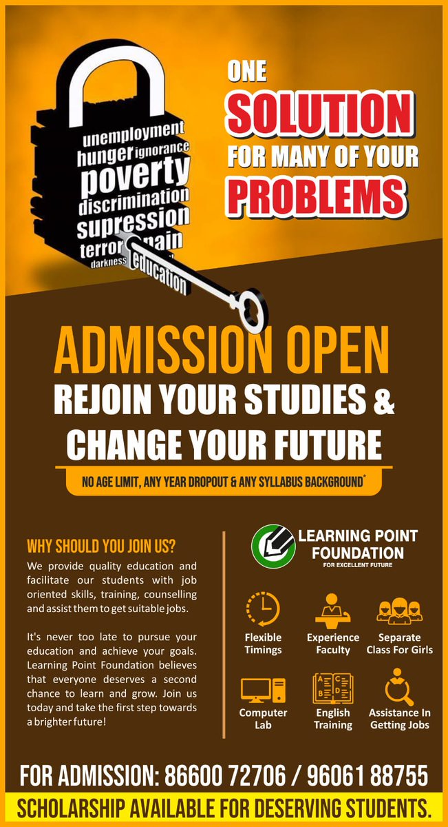 LearningPoint16's tweet photo. Admission Open! Rejoin your studies and change your future.
.
.
#learningpointfoundation #admissionopen2023 #dropouts https://t.co/i7UVBM8dDx