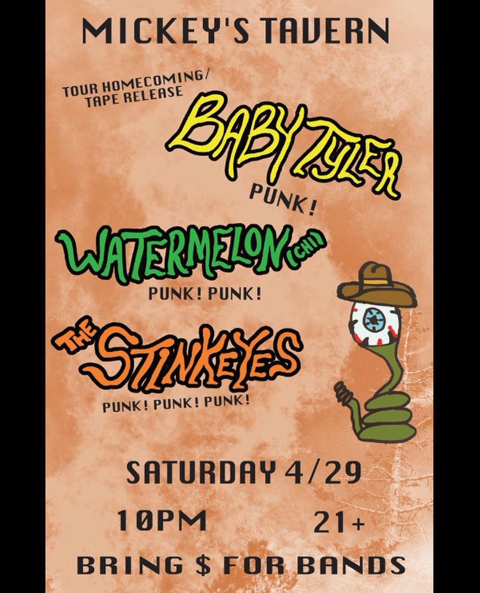 TheStinkeyesWI's tweet photo. @LyricRoomGB @SystemExclusive Finally, on April 29th, at 10:00 p.m., we'll be joining our great friend, Baby Tyler, and future friends Watermelon (IL), at Mickey's Tavern in Madison - another Stinkeyes fave. https://t.co/jDyUgBVqYZ