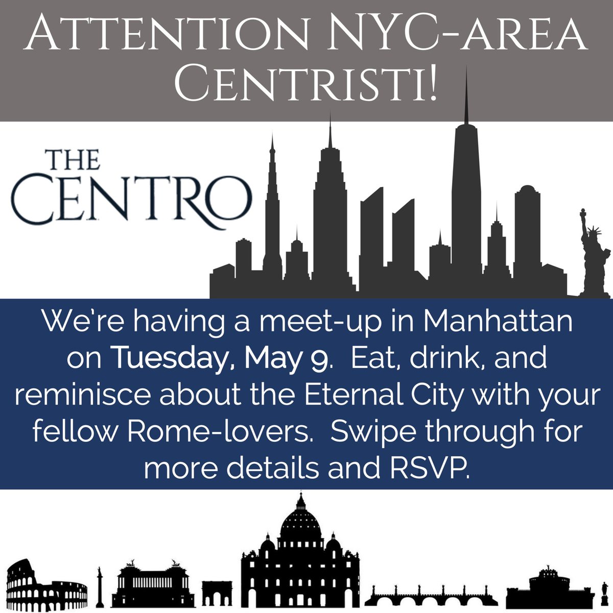 thecentrorome's tweet photo. Calling all NYC Centro friends and alum –Put on your “good walk-shoes” and make your way to @martamanhattan for an evening of food, drinks, and memories of Rome. A feast fit for Trimalchio…and all on the Centro’s denarius! Questions: cathy_buchanan@sbcglobal.net https://t.co/Fb6c5TM222