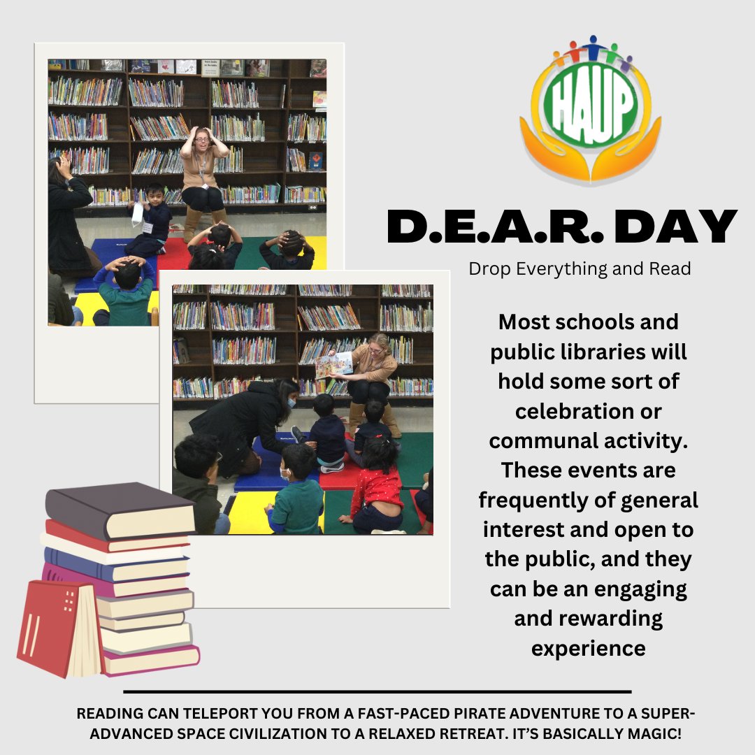 HAUPINC's tweet photo. It's Spring Break! But there is always time to read! Today is DEAR Day! Drop Everything and Read! Looking to make reading exciting? Try going to the park today with your favorite book!
#haup #reading #littleexplorers #dearday #dropeverythingandread #explore #schoool #springbreak https://t.co/gzGE7BgDt6