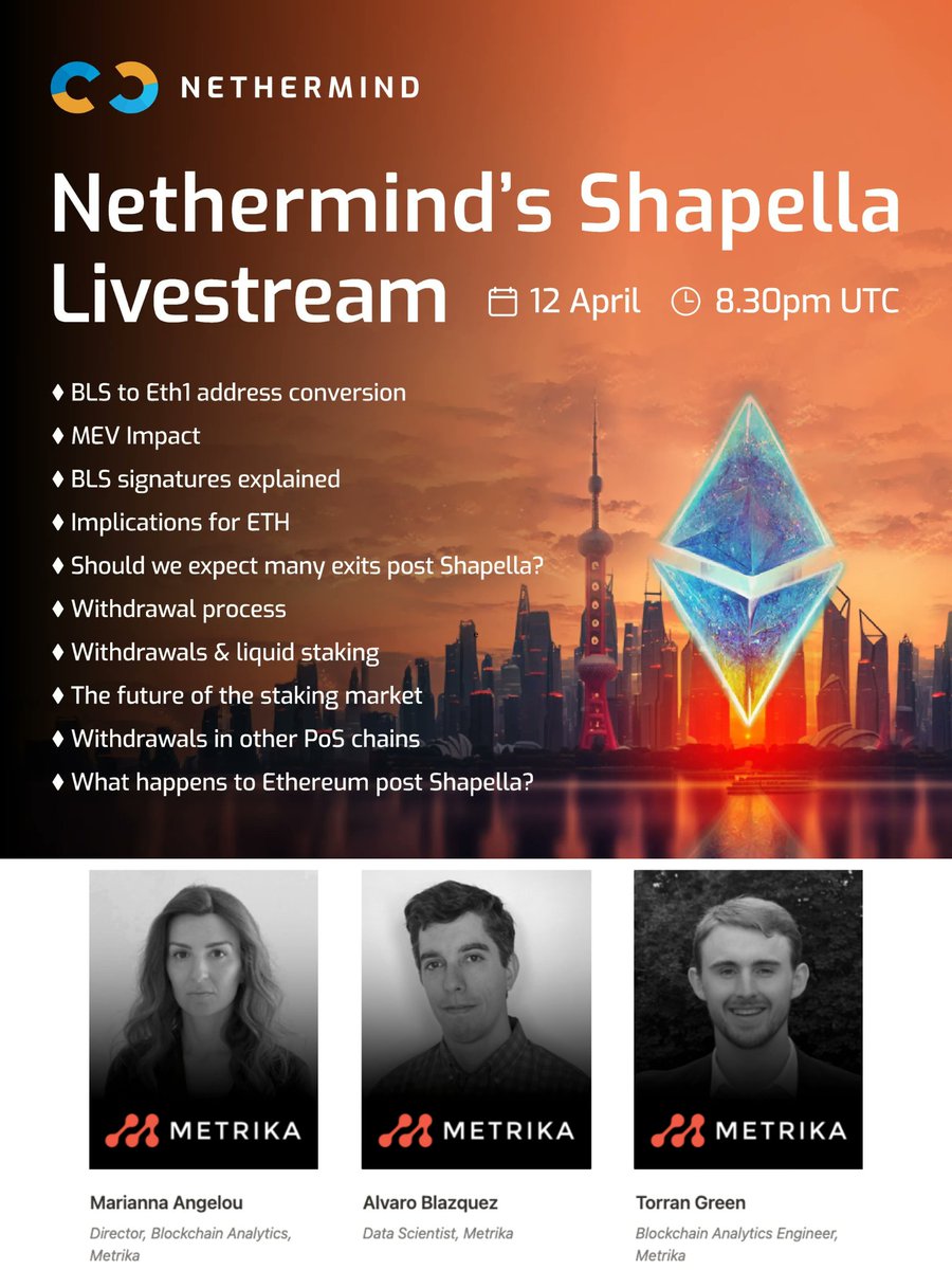 metrikaco's tweet photo. Today is #Shapella Day!🚀

Join @M_Angelou @torran_g @alv_be00 from the @metrikaco team in today's 4-hour livestream hosted by @nethermind 

Kickoff is at 8.30pm UTC

Streaming link 👉: https://t.co/pdphHqt9Wf

We're looking forward to engaging in a lively discussion with @ethereum @eigencloud @sreeramkannan @twinstake_io @ObolNetwork @OisinKyne @StakeETH @BHDigitalAssets @OpenZeppelin @parithosh_j @vdWijden @dapplion @BarnabasBusa @alluvialfinance @IsdrsP @LidoFinance @EigenPhi  and more

Full line up here: https://t.co/whgOyeAp5B

#ETH #Ethereum #Metrika