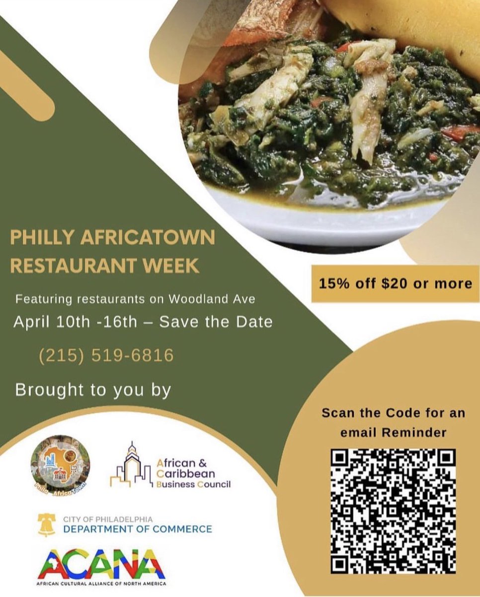 Philly Africatown Restaurant Week is happening all week-long! 🥳

The African Diaspora has been and continues to be at the core of Philadelphia's social, cultural and economic life. 

Enjoy and see list of participating businesses here: philaafricatown.org