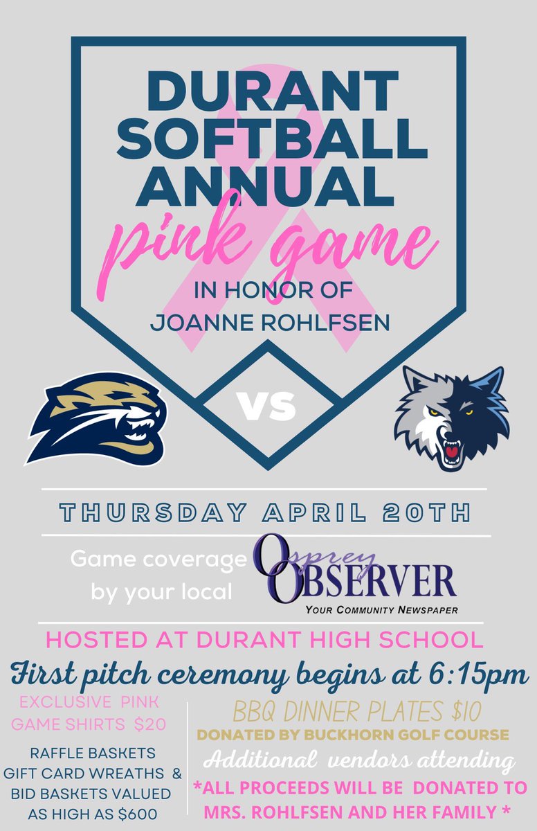 durant_softball's tweet photo. Join us next Thursday as we face off against @SoftballNewsome for our  annual 💗PINK GAME💗 This year we honor Durant teacher, Joanne Rohlfsen who is currently battling breast cancer. Festivities begin at 6:15! https://t.co/kJYxPJHxyy