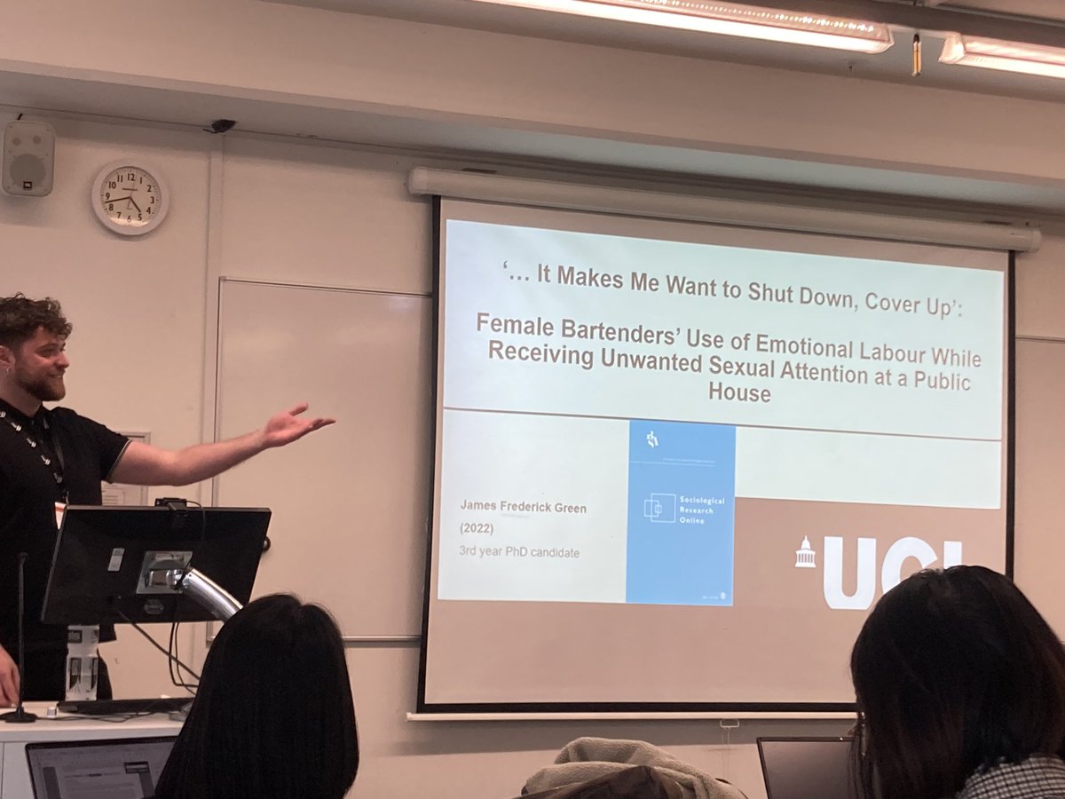 James Green <a href="/ucl/">UCL</a> presents findings from his ethnography of bar work on emotional labour &amp; female bartenders experiences of unwanted sexual attention. So many themes drawn on… #britsoc2023 <a href="/bsaweel/">BSA Work, Employment and Economic Life Study Group</a>
