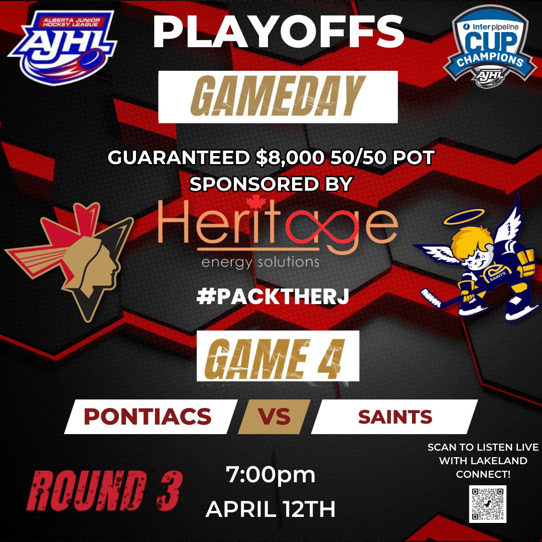 BPontiacs's tweet photo. Gameday! The Pontiacs gear up to take on the @sgsaints in Bonnyville for Game 4 of the North Final at 7:00pm! 

Thank you to Heritage Energy Solutions for sponsoring last night's and tonight's Guaranteed $8,000 50/50 Pot!

Scan to Listen Live with Lakeland Connect! #packtherj https://t.co/FzydkXLHSl