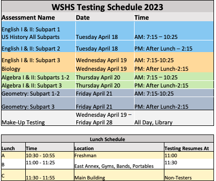WSHSPIE's tweet photo. SpartansWSHS: EOC (End of Course) Testing begins next week.  Please refer to the attached chart for testing details. https://t.co/tRjeqUU3Oq