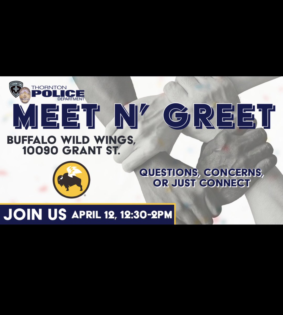 ThorntonPolice's tweet photo. For those of you who might be in the area, you have to eat lunch anyway… why not stop by @BWWings for some good food and great conversation? Hang out with us today, anytime between 12 & 2pm!
#TPDconnecting
#TPDcommUNITY https://t.co/RfntE7K8VT