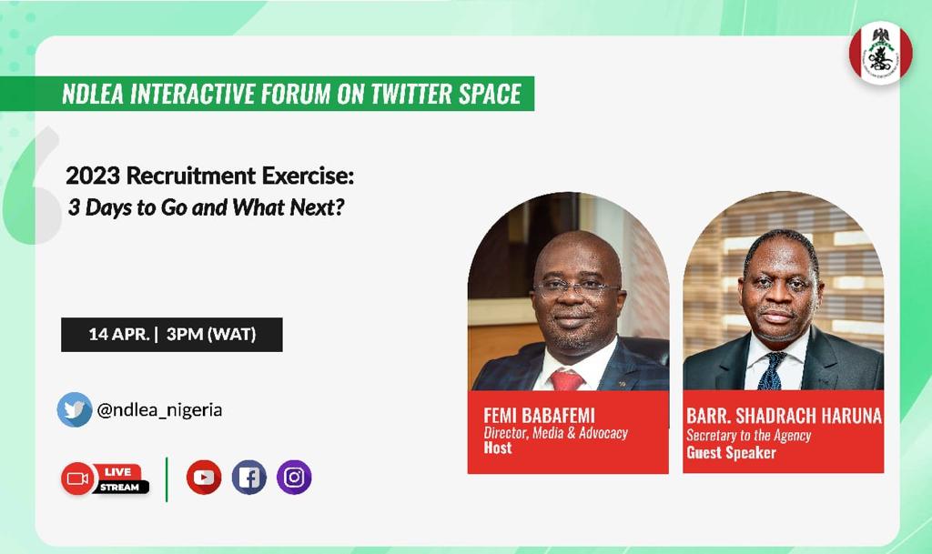 ndlea_nigeria's tweet image. It’s barely days to the close of @ndlea_nigeria recruitment portal, hence our desire to update our audience especially the applicants on the process and what’s next. Join us this Friday 14th April 3-5pm for this and more. Please check the attached poster for more details